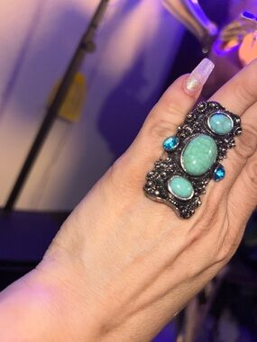 Turquoise Statement Cocktail Ring - Ornate Silver Tone
